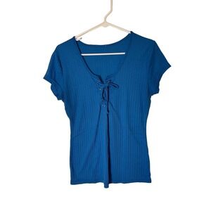 Womens Blue Ribbed Lace Up Short Sleeve V Neck T Shirt Top Size L